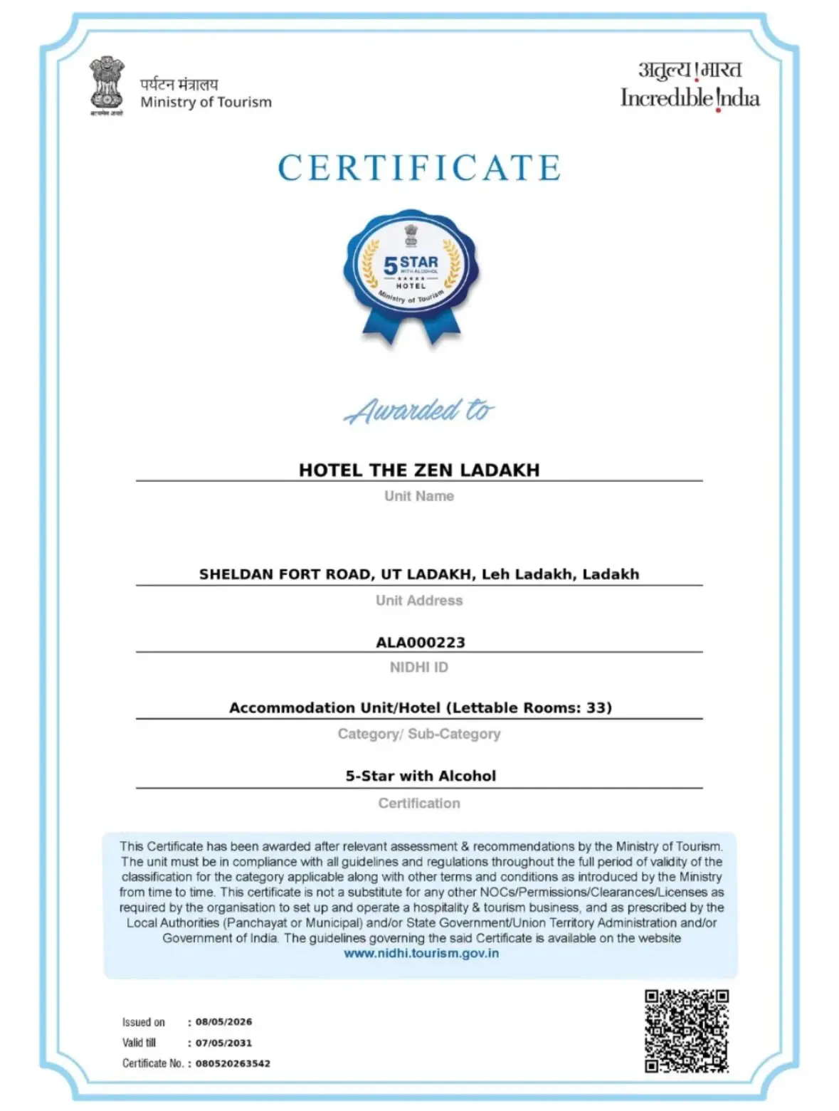 Zen Ladakh 5 star certificate - 07